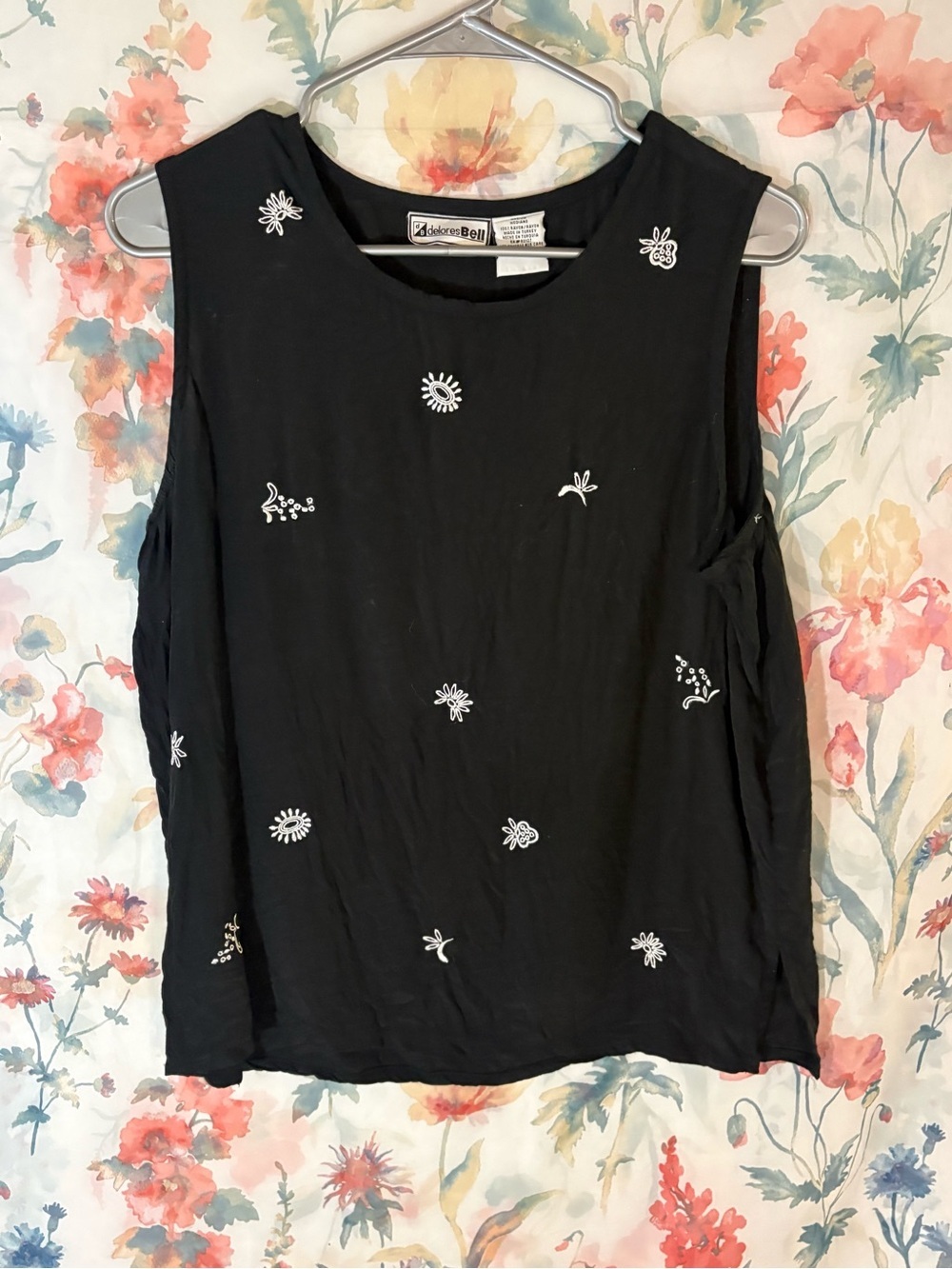 Debbie Morgan Black Sleeveless Tank with White Floral Embroidery